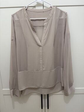 BCBGMaxAzria Sheer V-Neck Blouse in Taupe